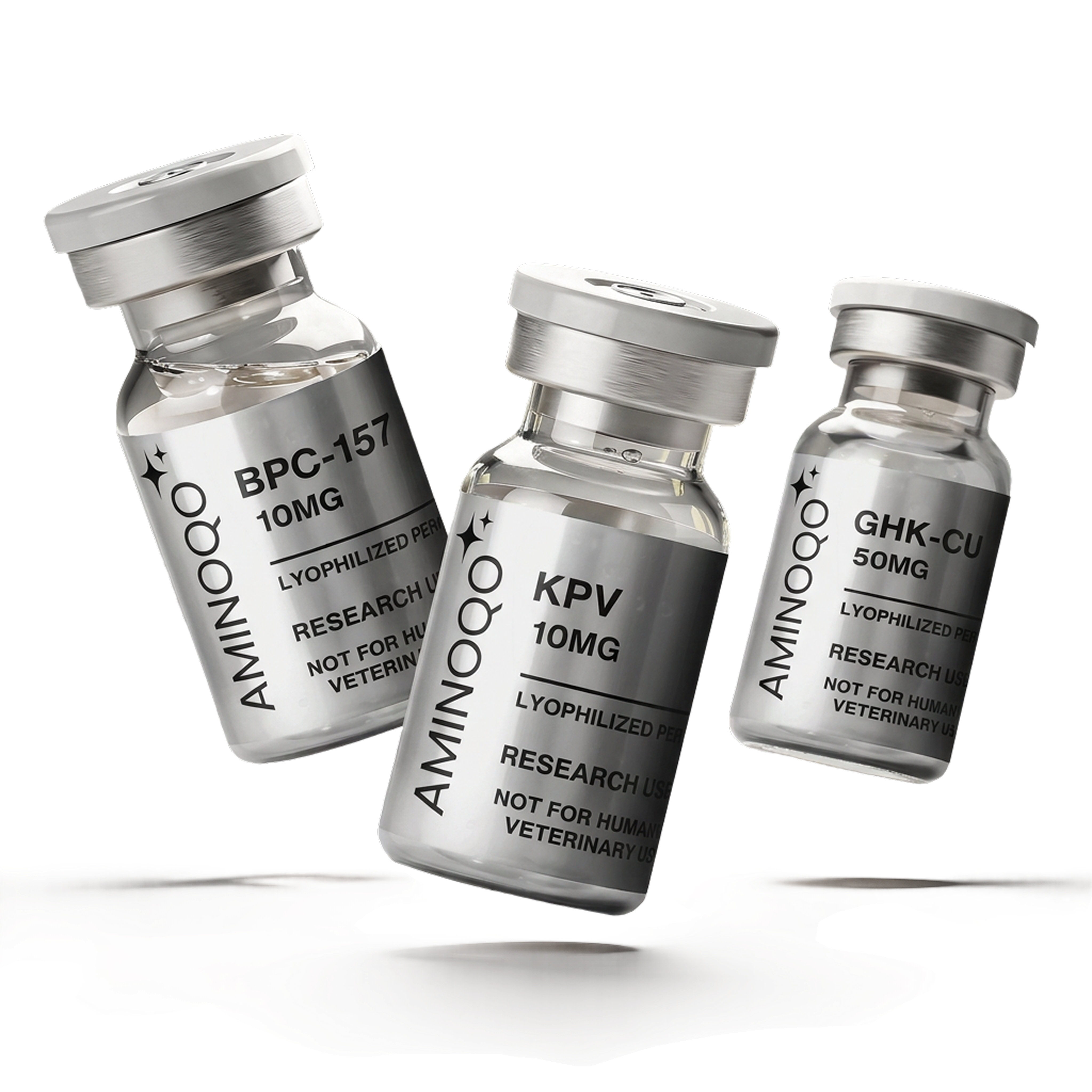 Three labeled AminoQO peptide vials arranged in a fan